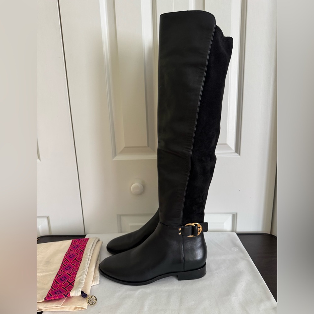 TORY BURCH MARSDEN Black Leather Stretch Over The Knee Boots 8 Mint